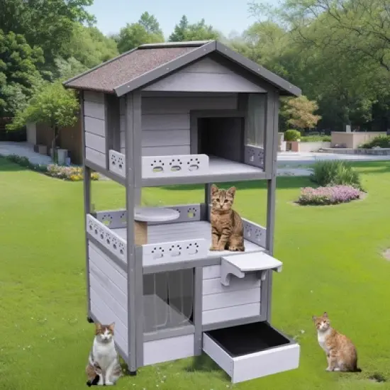 42" Three Story Outdoor Cat House with Balcony Large Cat Shelter Weatherproof Outside Cat House with Drawer & Pvc Door -The Pop Home image {7}