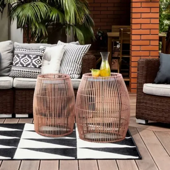 Cylinder Bamboo Patio Side Table with Iron Tabletop - Teamson Home image {2}