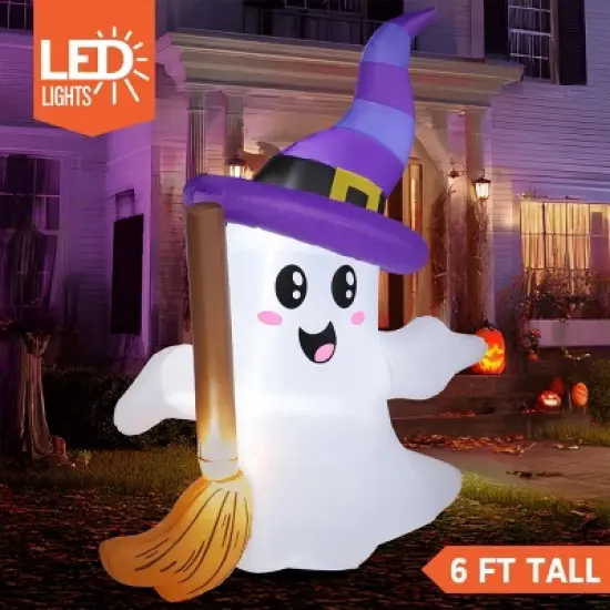 Joyfy 6 FT Tall Halloween Inflatables Outdoor Decorations, Inflatable Cute Ghost Holding Broom with LEDs for Halloween Outdoor Yard Garden Lawn Decor image {1}
