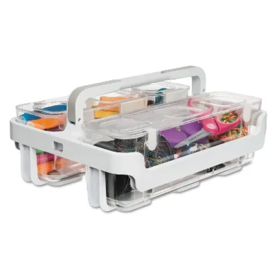 deflecto Stackable Caddy Organizer with S, M and L Containers, Plastic, 10.5 x 14 x 6.5, White Caddy/Clear Containers image {2}
