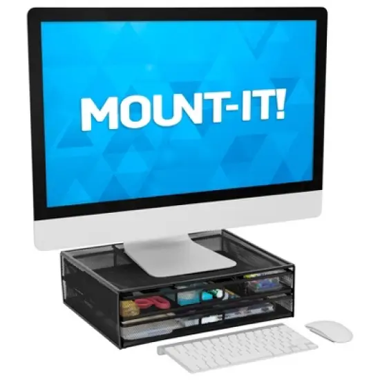 Mount-It! Computer Monitor Stand With Drawers, Metal Mesh Riser & Organizer For Laptops and Computers, Desk Organizer with Two Pullout Storage Drawers image {1}