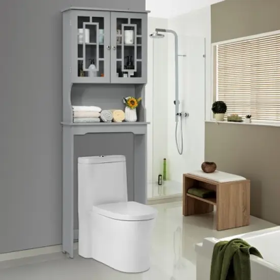 Costway Over the Toilet Bathroom Spacesaver Organizer w/ Adjustable Shelf & Doors Grey image {1}