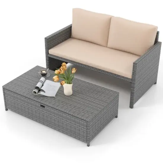 Tangkula Outdoor Rattan Daybed Wicker Loveseat & 31 Gallon Storage Ottoman w/Soft Cushions Space-Saving 2-Person image {10}