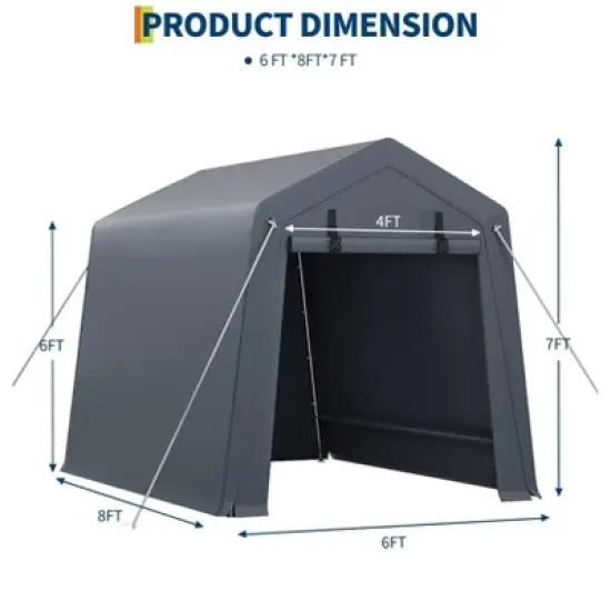 6' x 8' x 7' Outdoor Storage Shed, Portable Garage Tent with Waterproof PE Tarp, Roll-Up Zippered Doors & Vents for Bike, ATV, Motorcycle, Grey image {6}