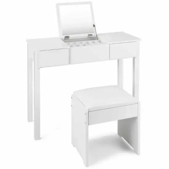 Costway White Vanity Dressing Table Furniture Stool Storage Box image {9}
