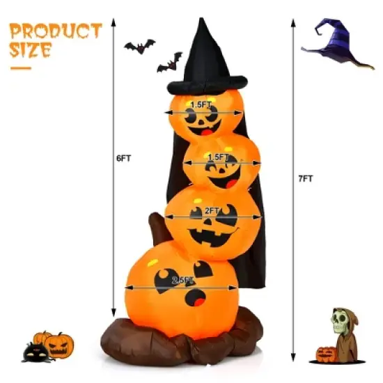 Costway 6.8FT Halloween Inflatable Pumpkin Combo Blow up Pumpkins w/ Witch&rsquo;s Hat image {8}