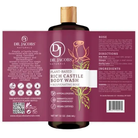 Dr Jacobs Naturals Rich Castile Rose  Body Wash Hypoallergenic Vegan Sulfate-Free Paraben-Free Dermatologist Recommended 32oz - Rose image {3}