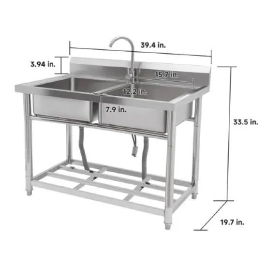 Stainless Steel Sink, Commercial Kitchen Prep Sink Free Standing Double Bowl with Cold and Hot Water Pipe Undershelf Faucet for Restaurant Bar image {4}