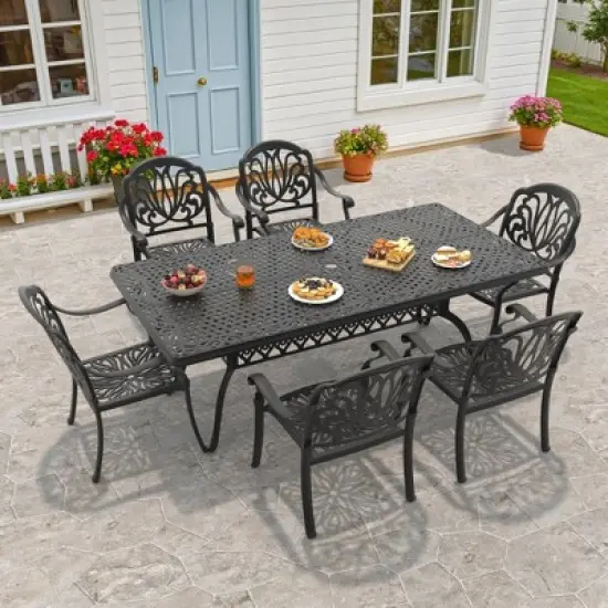 7-Piece Cast Aluminum Outdoor Dining Set with Brown Cushions, Rectangle Table & Stackable Chairs - for Patio, Backyard image {1}