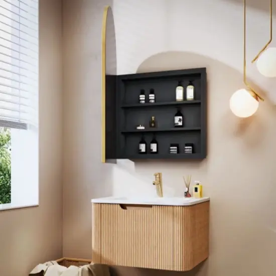 PexFix 24" Wall-Mounted Floating Bathroom Vanity with Cabinet Mirror Modern Curved Edge Storage Bathroom Cabinet in Walnut with Ceramic Basin image {2}