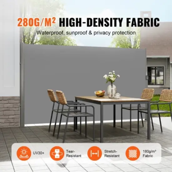 VEVOR Retractable Side Awning, 71''x 118'' Aluminum Outdoor Privacy Screen, 280g Polyester Water-proof Retractable Patio Screen, Gray image {2}