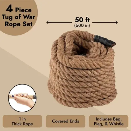 Blue Panda 50 Foot Tug of War Rope with Flag for Outdoor Games, Field Day, Summer Camp, Family Reunion, Team Building, Brown image {3}