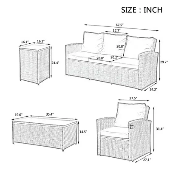 GlasFlength 5PCS Patio Seating Rattan Furniture Set Sectional Sofa Cushioned Garden, Tempered Glass Table, Blue, 67.5"*24.2"*29.7" image {3}