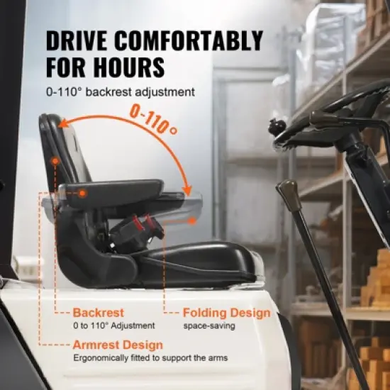 VEVOR Universal Forklift Seat, Fold Down Tractor Seat with Adjustable Angle Back, Micro Switch, Seatbelt and Armrests, Black image {3}