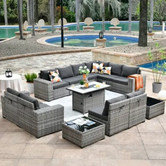 Marlton 13pc Wicker Outdoor Patio Furniture Set Conversation Sofa Set with a Rectangle Fire Pit and Cushions image {14}