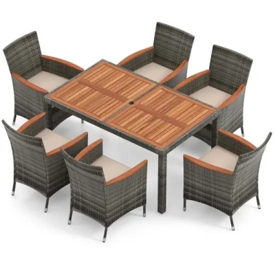 Costway 7 Pieces Outdoor Wicker Dining Set with Acacia Wood Table and 6 Armchairs image {9}