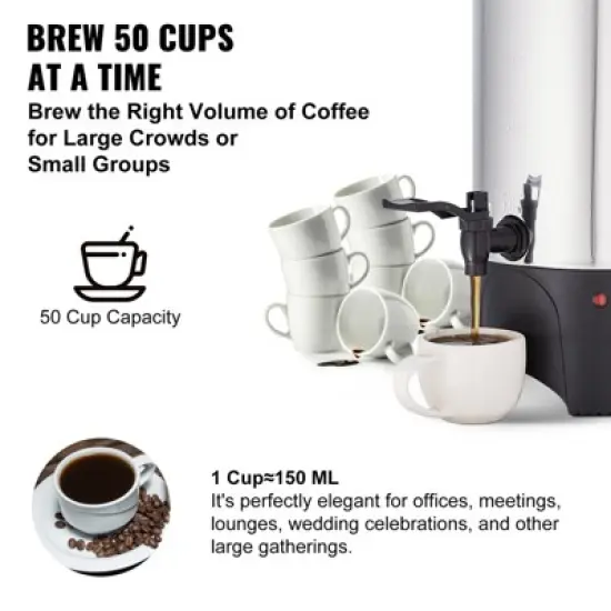 VEVOR Commercial Coffee Urn, 50 Cups Stainless Steel Large Coffee Dispenser, 1000W 110V Electric Coffee Maker Urn For Quick Brewing, Silver image {5}