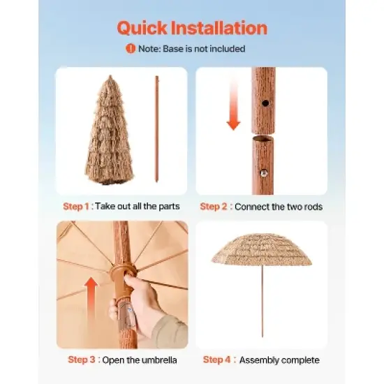 VEVOR Tiki Umbrella, 8 ft Thatched Patio Umbrella with Tilt, Hawaiian Style Beach Parasol with Durable PP Thatch and 8 Metal Ribs, Oringinal Color image {5}