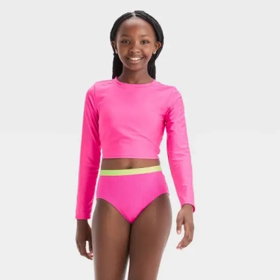 Girls' 3pc Ribbed Colorblock Cropped Rash Guard Swimwear Set - art class&trade; Pink image {4}