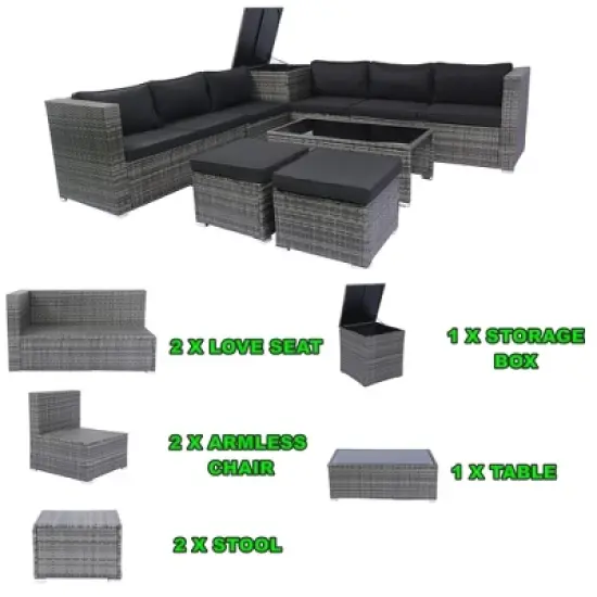 Whisen 8-Piece Wicker Rattan Patio Sectional Set with Storage Box, Cushion Box & Clear Glass Top image {2}