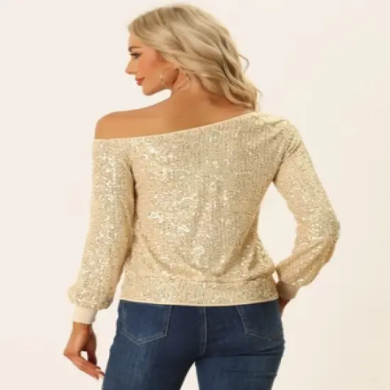 Allegra K Off Shoulder Sequins Tops for Women's Disco Party Sparkly Glitter Top image {2}