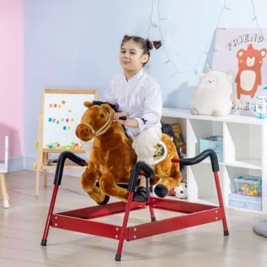 Qaba Kids Spring Rocking Horse, Ride on Horse for Girls and Boys with Animal Sounds, Plush Horse Ride-on with Soft Feel, Interactive Toy for Kids image {2}