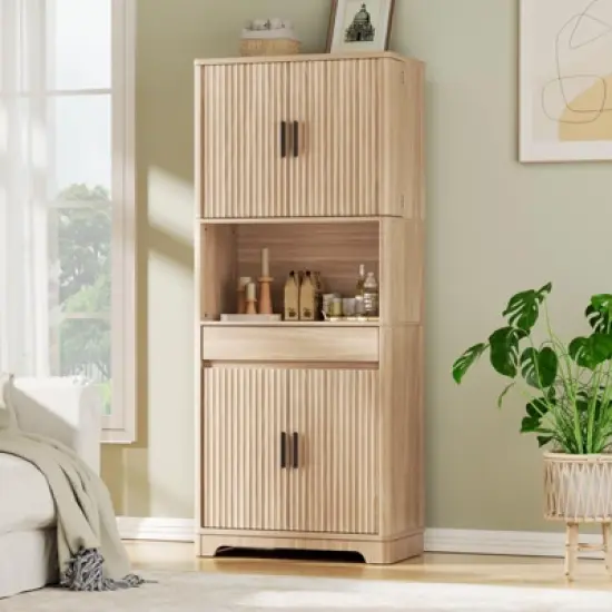 70.1" Tall Fluted Pantry Cabinet, Kitchen Storage Cupboard with Countertop for Microwave, Natural Wood image {7}