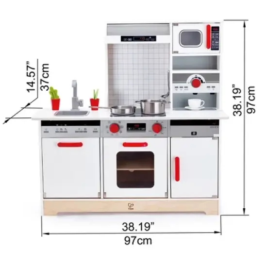 Hape E3145 All In 1 Kids Toddler Wooden Pretend Play Kitchen Set with Oven, Stove, Sink, Microwave, Coffee Maker, Dish Washer, Fridge and Accessories image {2}