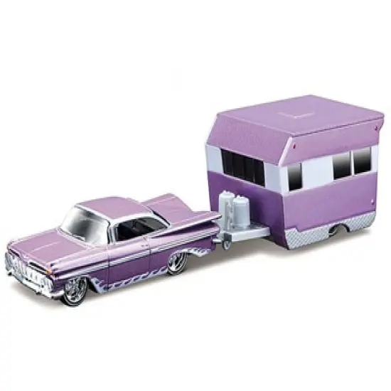 1959 Chevrolet Impala Purple Metallic w/White Graphics and Alameda Trailer Purple Met. & White 1/64 Diecast Model Car by Maisto image {1}