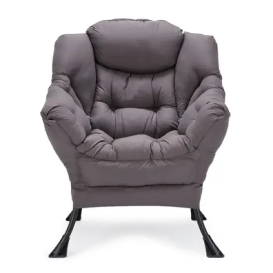 JOMEED Modern Fabric Lazy Lounge Foldable Lightweight Single Steel Frame Accent Chair with Armrests and Side Pocket for Home or Office, Grey image {1}