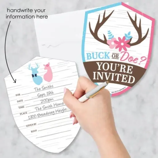 Big Dot of Happiness Buck or Doe - Shaped Fill-In Invitations - Hunting Gender Reveal Party Invitation Cards with Envelopes - Set of 12 image {1}