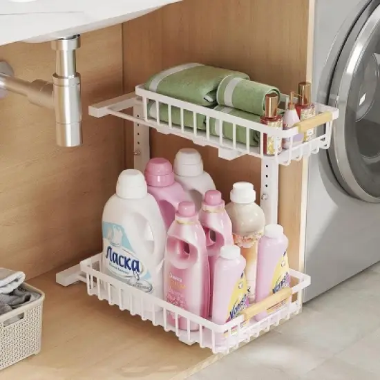 Boersma Adjustable Height 2-Tier Metal Drawer Organizer &ndash; Under Sink Storage Rack with Sliding Baskets for Kitchen, Bathroom, Pantry，Black image {2}