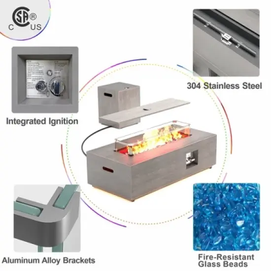 Evita Outdoor Fire Pit Table, 50,000 BTU with LED Light, Propane Tank, Windshield, Glass Stone and Rain Cover - 42.2*20.1*12.4 Inch image {7}