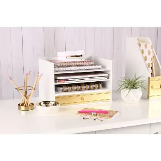 Kate and Laurel Industrious Rectangle Wood Letter Tray, 13x9x10, White and Gold image {2}