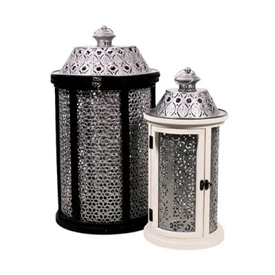 Essential Decor & Beyond 2pcs Set Black and White Wood and Metal Lanterns image {12}