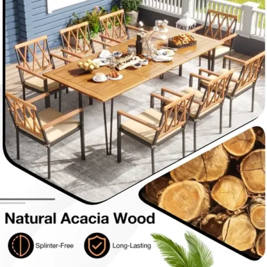 Tangkula 9 PCS Patio Dining Set w/ 8 Chairs Acacia Wood Table Top Umbrella Hole for Yard image {3}