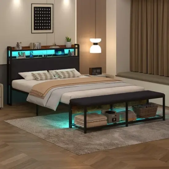 VECELO Full/Queen Upholstered Bed Frame with Storage End of Bed Bench, Platform Bed with Headboard & Charging Station, LED Lights, Gray image {3}