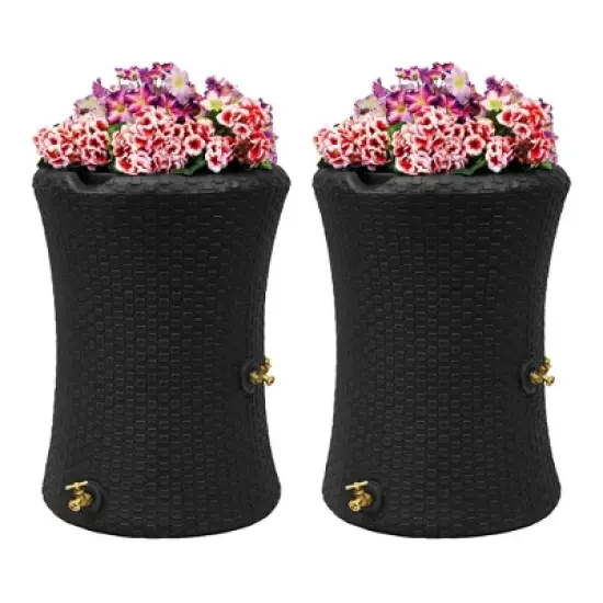 Good Ideas Impressions 50 Gallon Nantucket Outdoor Home Rain Barrel Water Storage Collector with Garden Planter and Brass Spigot, Black (2 Pack) image {6}