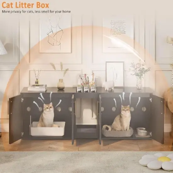Cat Litter Box Enclosure for 2 Cats,  Wooden Litter Box Cabinet, Large Enclosed Cat Box Furniture with Storage Shelf, Soft Cushion image {4}
