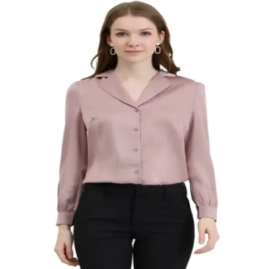 Allegra K Women's Elegant Collar V Neck Long Sleeve Work Office Satin Button Down Shirt image {16}