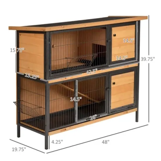 PawHut 48" 2-Story Large Rabbit Hutch Bunny Cage Wooden Pet House Metal Frame, Ramp, No Leak Tray, Trough, Waterproof Asphalt Roof for Outdoor/Indoor image {6}