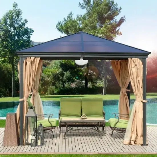 Aoodor 10'x 10' Patio Gazebo Polycarbonate Roof Black image {2}
