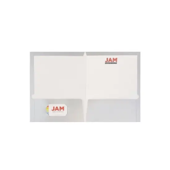 JAM Paper Laminated Two-Pocket Glossy Presentation Folders Silver Bulk 50/Box 385GSIC image {2}