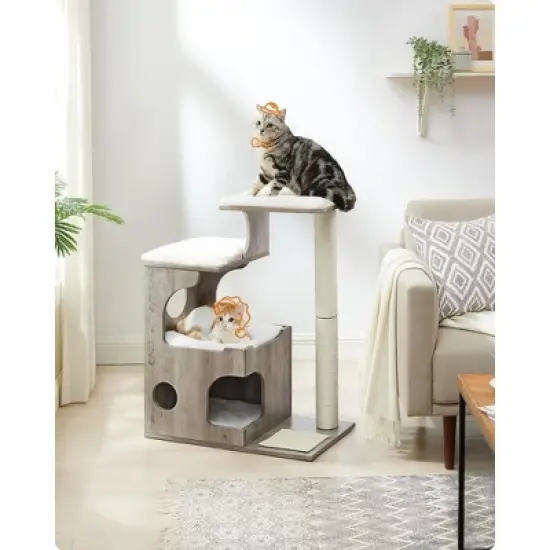 Feandrea WoodyWonders Cat Tree, 33.9-Inch Modern Cat Tower, Cat Condo with 3 Perches, Scratching Post and Mat, Cave, 4 Removable Washable Cushions image {2}