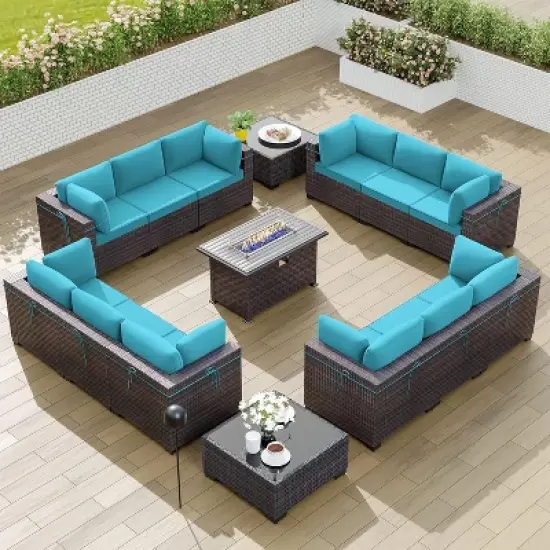 ALAULM 15PCS Outdoor Patio Furniture Set with Gas Propane Fire Pit Table PE Rattan Sectional Sofa Patio Conversation Sets image {6}