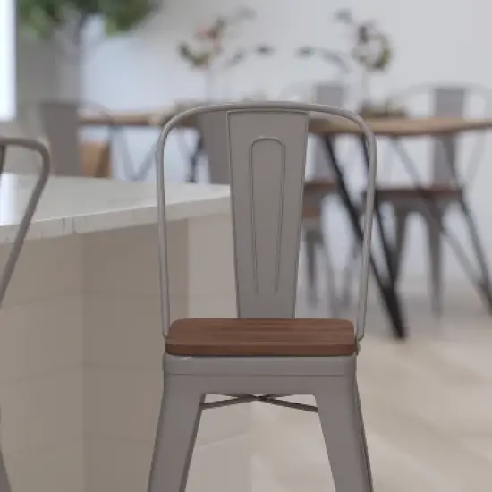 Merrick Lane Metal Dining Stool with Curved Slatted Back and Textured Wood Seat image {7}