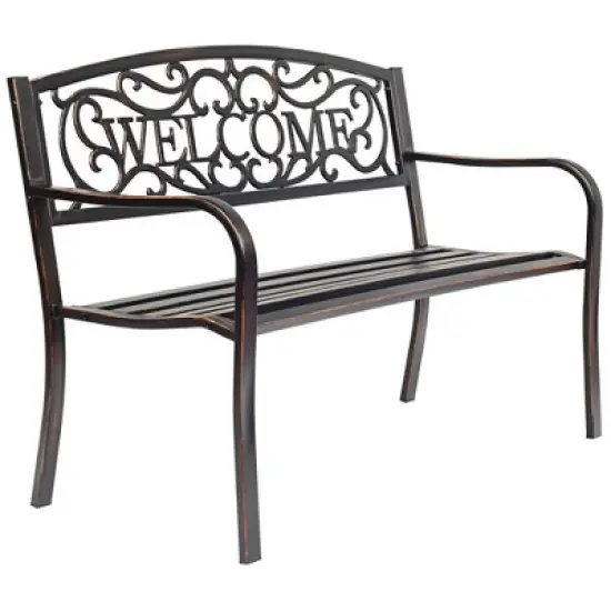 Tangkula Antique Metal Garden Bench Patio Park Outdoor w/ Armrest Welcome Pattern image {6}