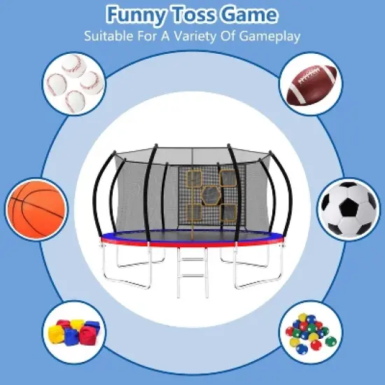 14FT Round Trampoline with Ladder, Enclosure Net & Toss Target Game &ndash; Red Steel Frame Belatt image {3}