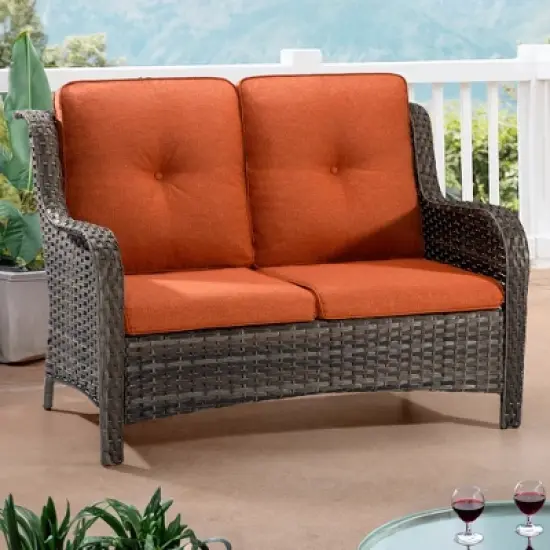 UPTIOT 49'' Polyethylene (PE) Wicker Outdoor Loveseat Orange image {9}