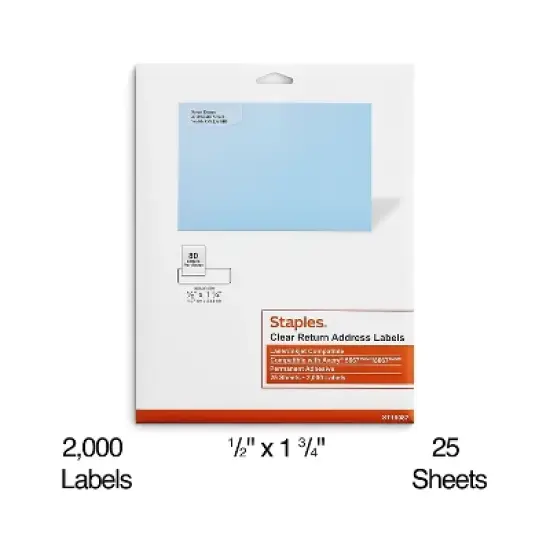 Staples Laser/Inkjet Address Labels 1/2" x 1 3/4" Clear 80 Labels/Sheet 25 Sheets/Pack 2000 image {1}